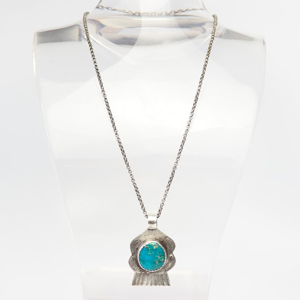 Vintage sterling silver turquoise handmade Native American pendant necklace